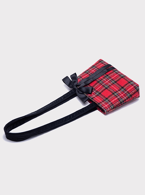 New Year's Red Plaid Sweet Ribbon Bow Daily Simple Woolen Kawaii Fashion Shoulder Bag