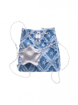 Fresh Blue Contrasting Denim Tassel Silver Five Pointed Star Small Bag Kawaii Fashion Backpack