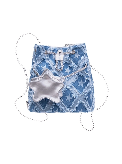 Fresh Blue Contrasting Denim Tassel Silver Five Pointed Star Small Bag Kawaii Fashion Backpack