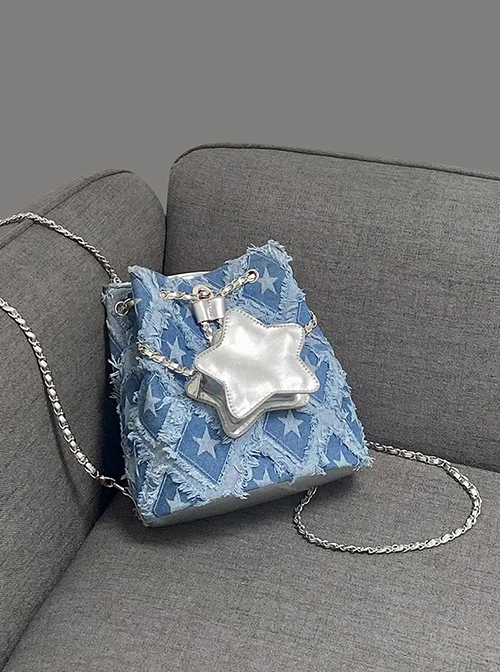 Fresh Blue Contrasting Denim Tassel Silver Five Pointed Star Small Bag Kawaii Fashion Backpack