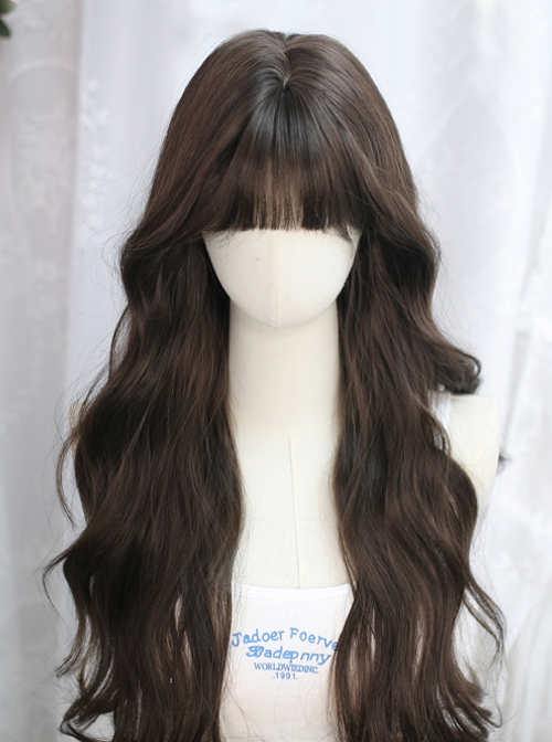 Elegant Stylish Daily Brown Fluffy Straight Bangs Long Curly Hair Classic Lolita Full Head Wig