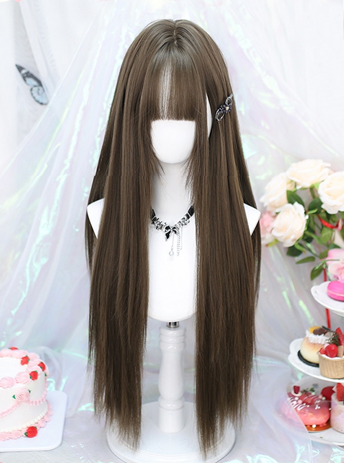 Japanese Style Hazelnut Gray Brown Daily Elegant Bangs Long  Straight Hair Classic Lolita Wig