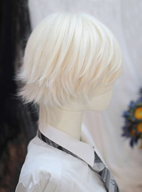 Winter Series Pearl Milk White Prince Style Side Parted Bangs Short Hair Ouji Fashion Wig