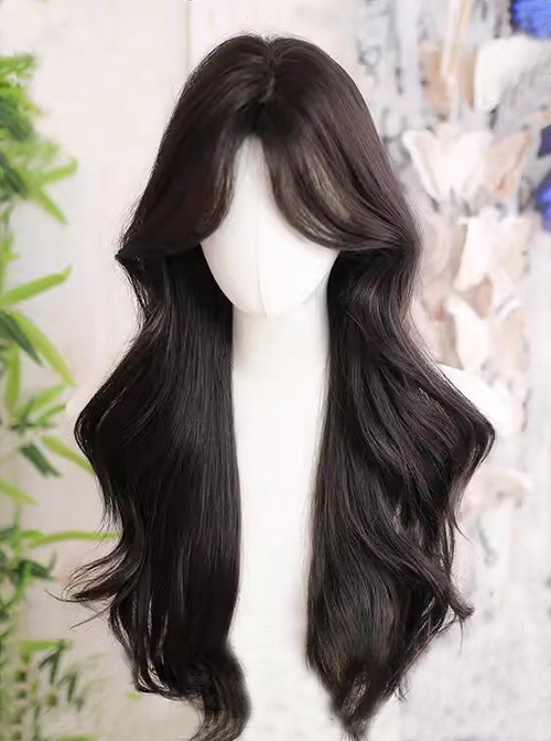 Flower Bell Series Natural Dark Brown Mid Split Long Curly Hair Elegant Classic Lolita Wig