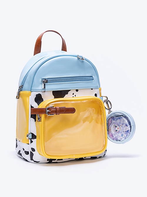 Fresh Casual Macaron Blue Yellow Contrast Cute Cow Pattern Kawaii Fashion Backpack