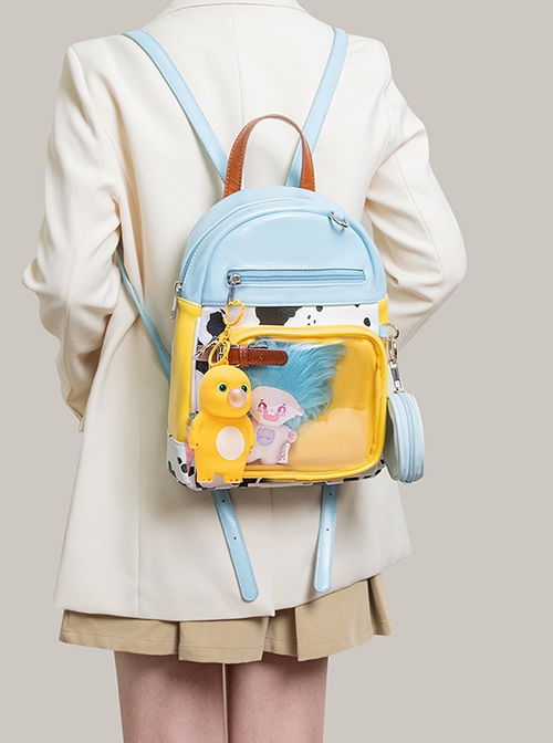 Fresh Casual Macaron Blue Yellow Contrast Cute Cow Pattern Kawaii Fashion Backpack