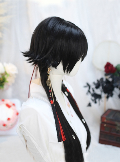 Chinese Ancient Style Black Jellyfish Head Mid Split Bangs Slightly Curled Hairstyle Ouji Fashion Long Wig