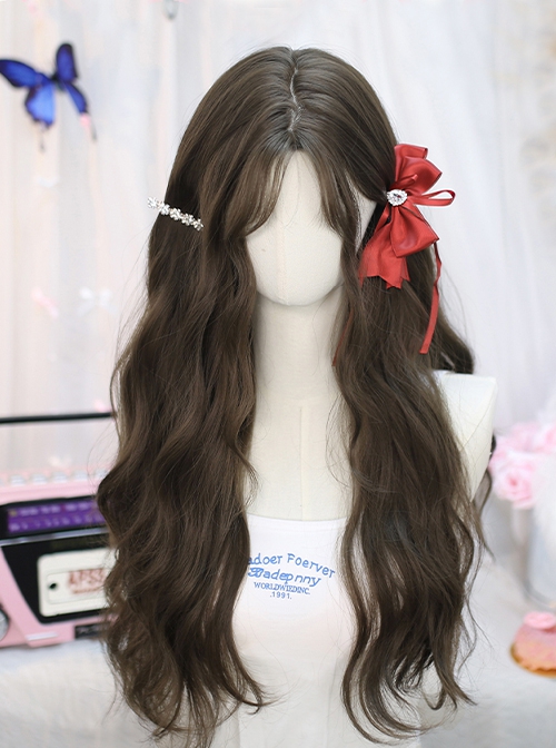 Sweet Hazelnut Gray Brown Mid Split Bangs Long Curly Hair Classic Lolita Natural Wig