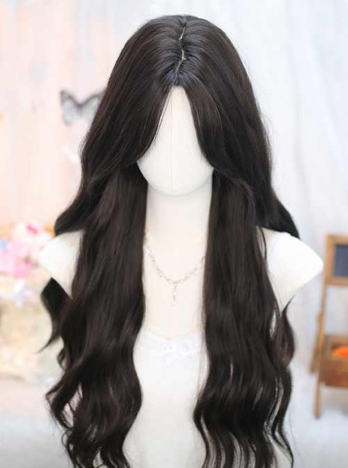 Natural Elegant Black Mid Split Bangs Attractive Long Wavy Curly Hair Classic Lolita Wig