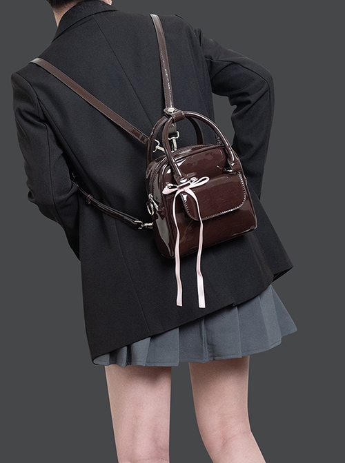 Retro Chocolate Brown Patent Leather Sweet Ribbon Bow Kawaii Fashion Mini Daily Versatile Backpack