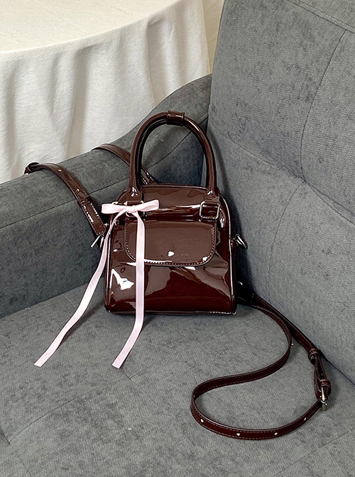 Retro Chocolate Brown Patent Leather Sweet Ribbon Bow Kawaii Fashion Mini Daily Versatile Backpack