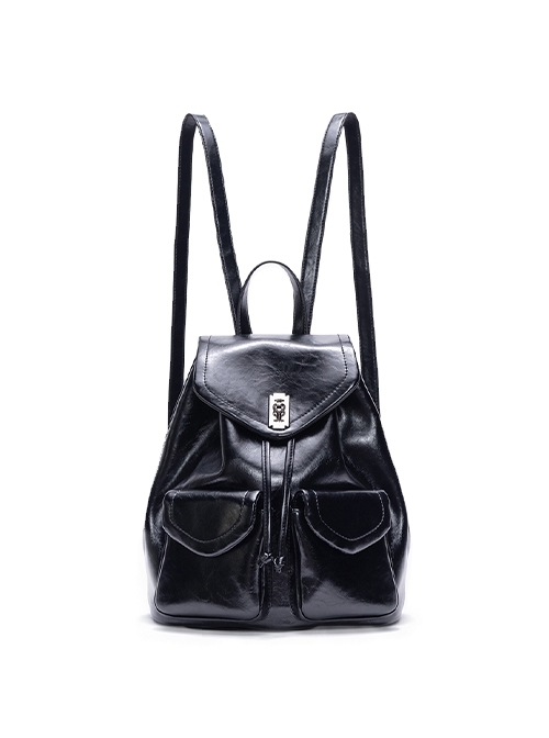 Simple Daily Black Metal Buckle Multi Pocket Versatile Soft Kawaii Fashion Backpack