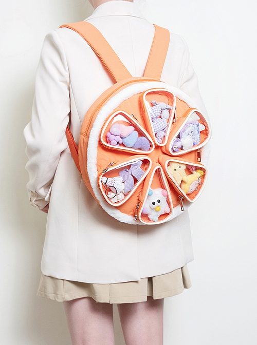 Cute Unique Orange Divided Multi Layered Lightweight Quilted Plush Kawaii Fashion Creative Backpack