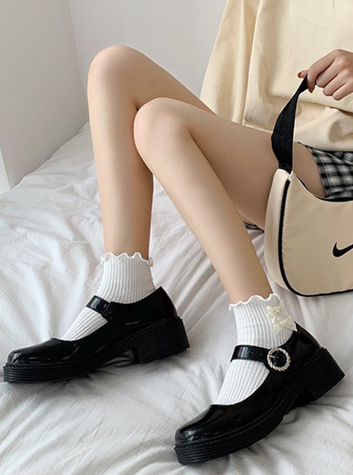 Retro British College Style Soft Girl PU School Lolita Square Toe Thick-Soled Mary Jane Shoes