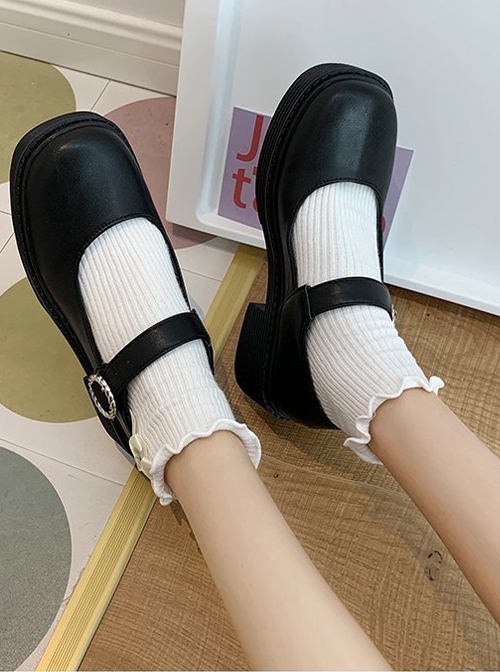 Retro British College Style Soft Girl PU School Lolita Square Toe Thick-Soled Mary Jane Shoes