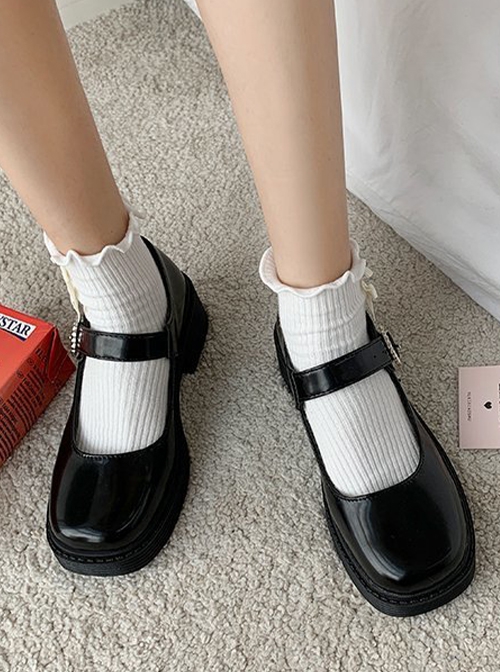 Retro British College Style Soft Girl PU School Lolita Square Toe Thick-Soled Mary Jane Shoes