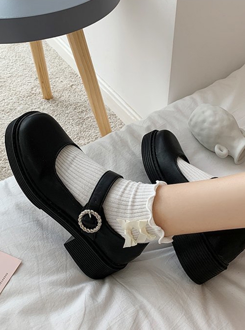 Retro British College Style Soft Girl PU School Lolita Square Toe Thick-Soled Mary Jane Shoes