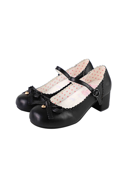 Sweet Bean Series Cute Sweet Lolita PU Lace Bowknot Rubber Sole Low Heel Mary Jane Shoes