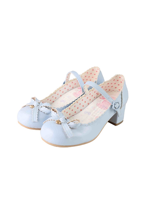 Sweet Bean Series Cute Sweet Lolita PU Lace Bowknot Rubber Sole Low Heel Mary Jane Shoes