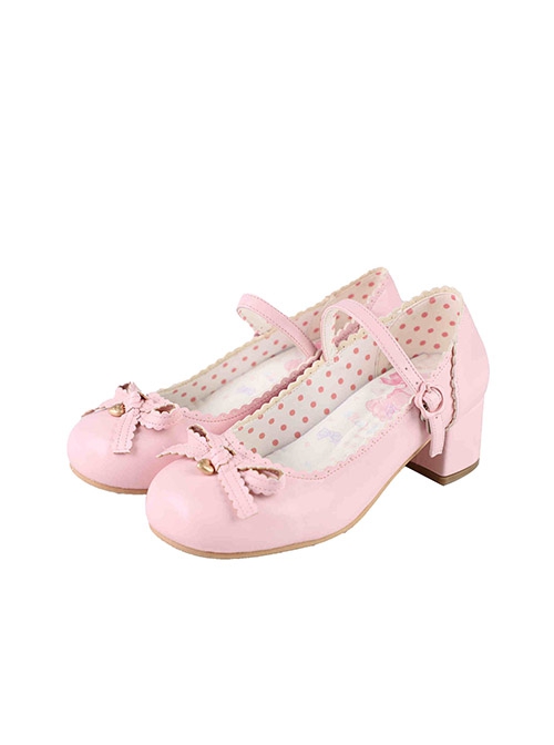 Sweet Bean Series Cute Sweet Lolita PU Lace Bowknot Rubber Sole Low Heel Mary Jane Shoes