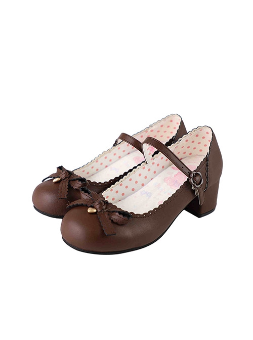 Sweet Bean Series Cute Sweet Lolita PU Lace Bowknot Rubber Sole Low Heel Mary Jane Shoes