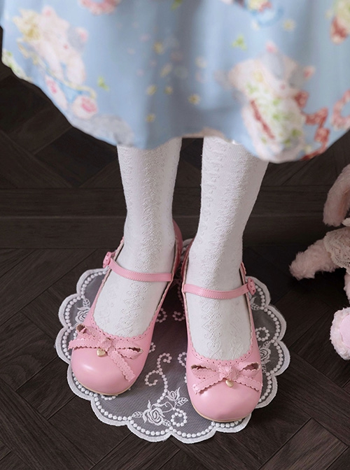 Sweet Bean Series Cute Sweet Lolita PU Lace Bowknot Rubber Sole Low Heel Mary Jane Shoes