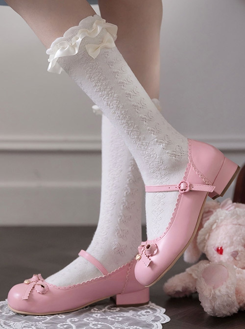 Sweet Bean Series Sweet Lolita PU Princess Style Mid Heel Soft Rubber Sole Bowknot Mary Jane Shoes