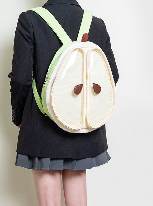 Cute Creative Green Apricot Contrast Pear Shape Plush Edge Decoration Soft Padded Kawaii Fashion Backpack