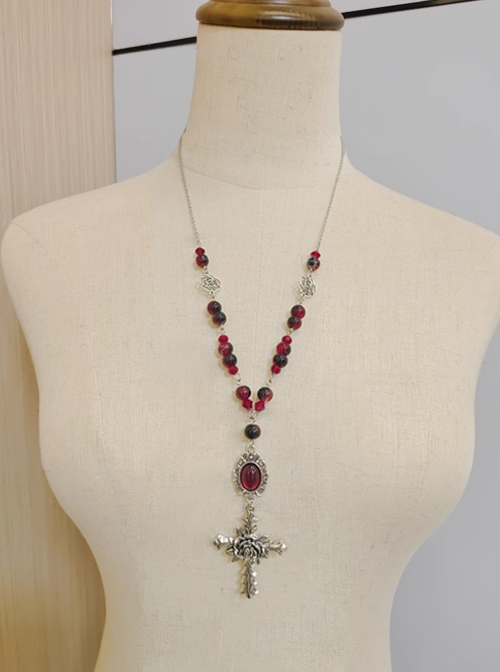 Exquisite Gemstone Handmade Gothic Lolita Beads Thorn Rose Cross Pendant Sweater Necklace