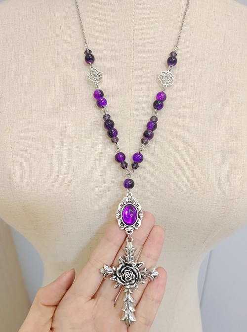 Exquisite Gemstone Handmade Gothic Lolita Beads Thorn Rose Cross Pendant Sweater Necklace