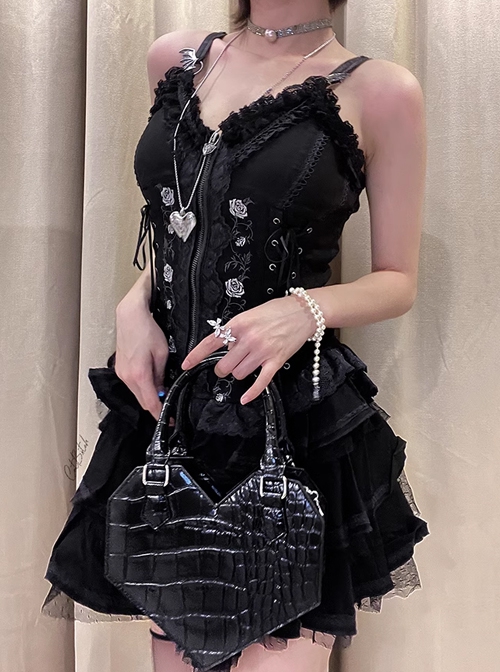 Fatale Muse Series Straight Line Heart Shape Exquisite Crocodile Pattern Dark Gothic Lolita Black Handbag