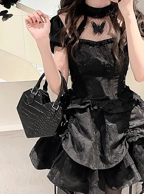 Fatale Muse Series Straight Line Heart Shape Exquisite Crocodile Pattern Dark Gothic Lolita Black Handbag