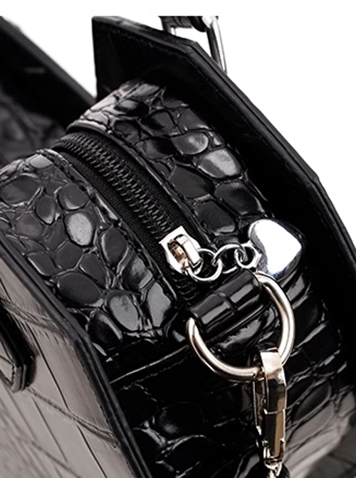 Fatale Muse Series Straight Line Heart Shape Exquisite Crocodile Pattern Dark Gothic Lolita Black Handbag