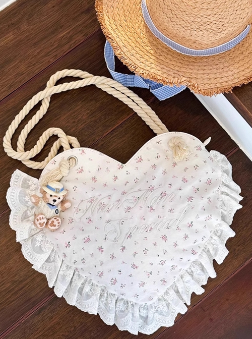 French Soft Girl Pastoral Style Floral Cotton Lace Trim Kawaii Fashion Heart Shape Pillow Bag