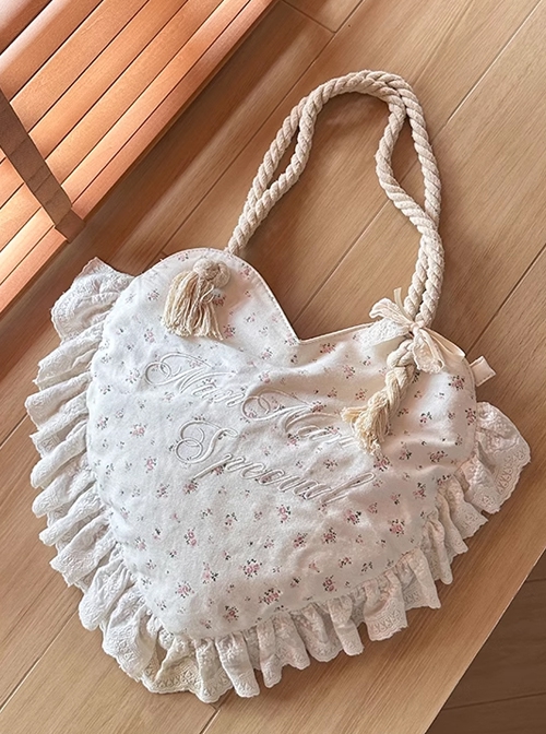 French Soft Girl Pastoral Style Floral Cotton Lace Trim Kawaii Fashion Heart Shape Pillow Bag