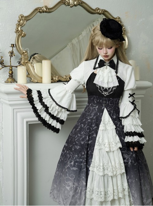 Withered Bone Magic Series Gorgeous Dark Gothic Lolita Palace Style Ruff Puff Sleeve Shirt Elegant Dress