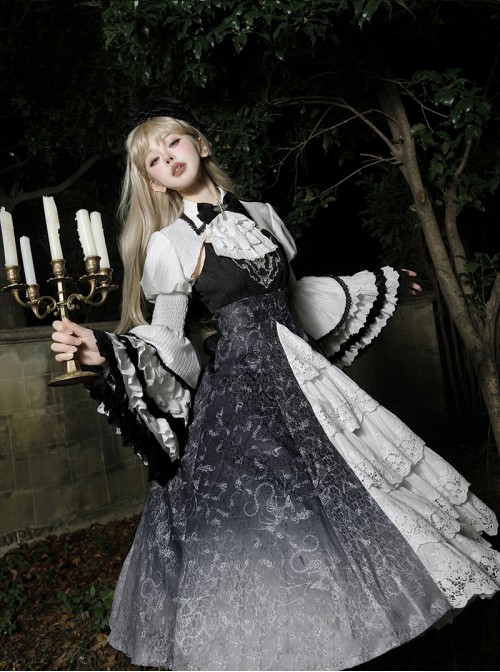 Withered Bone Magic Series Gorgeous Dark Gothic Lolita Palace Style Ruff Puff Sleeve Shirt Elegant Dress