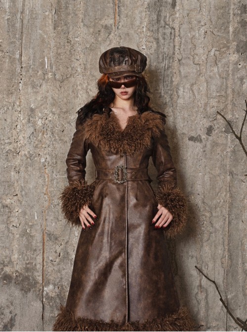 Exile Journey Series Steampunk Brown Winter Lambskin Wool Slim Waist Maillard Quilted PU Leather Coat