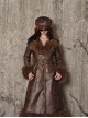 Exile Journey Series Steampunk Brown Winter Lambskin Wool Slim Waist Maillard Quilted PU Leather Coat