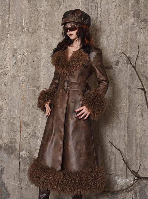 Exile Journey Series Steampunk Brown Winter Lambskin Wool Slim Waist Maillard Quilted PU Leather Coat