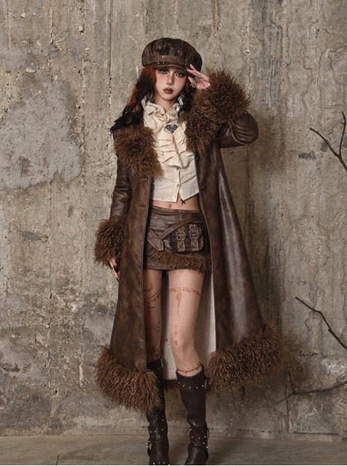 Exile Journey Series Steampunk Brown Winter Lambskin Wool Slim Waist Maillard Quilted PU Leather Coat