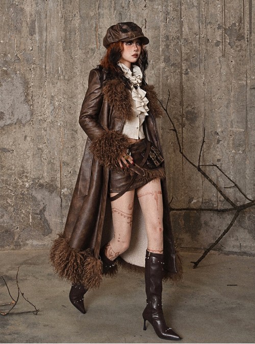 Exile Journey Series Steampunk Brown Winter Lambskin Wool Slim Waist Maillard Quilted PU Leather Coat