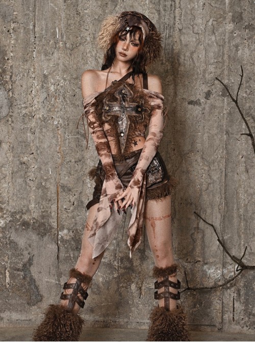 Exile Journey Series Steampunk Cowboy Sexy Hot Girl Wool PU Distressed Halter Neck Cross Shape Camisole Vest