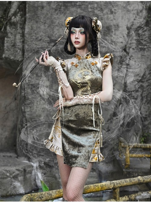 Spring Dragon Festival Series New Chinese Style Gothic Punk Embroidered Snake Pattern Modified Short Cheongsam Dress