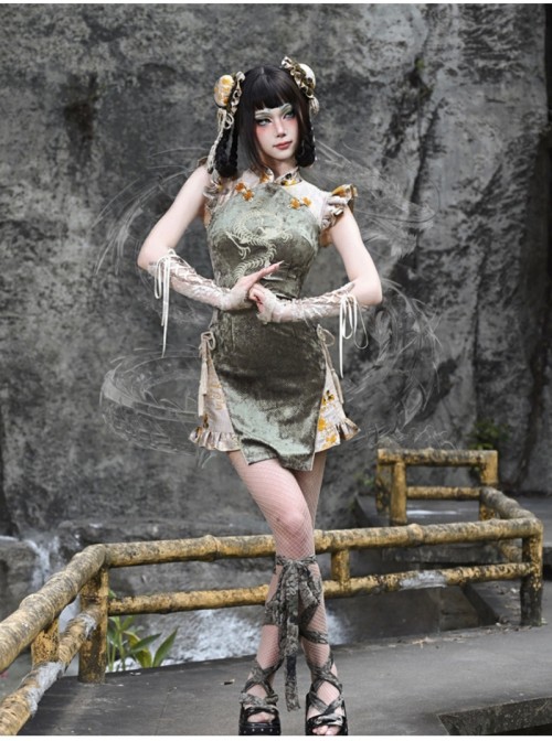 Spring Dragon Festival Series New Chinese Style Gothic Punk Embroidered Snake Pattern Modified Short Cheongsam Dress