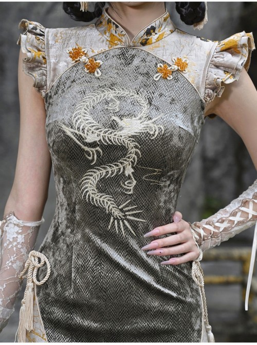 Spring Dragon Festival Series New Chinese Style Gothic Punk Embroidered Snake Pattern Modified Short Cheongsam Dress