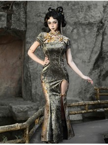 Spring Dragon Festival Series Chinese Style Gothic Punk Button Slim Snake Pattern Fishtail Long Slit Cheongsam Dress