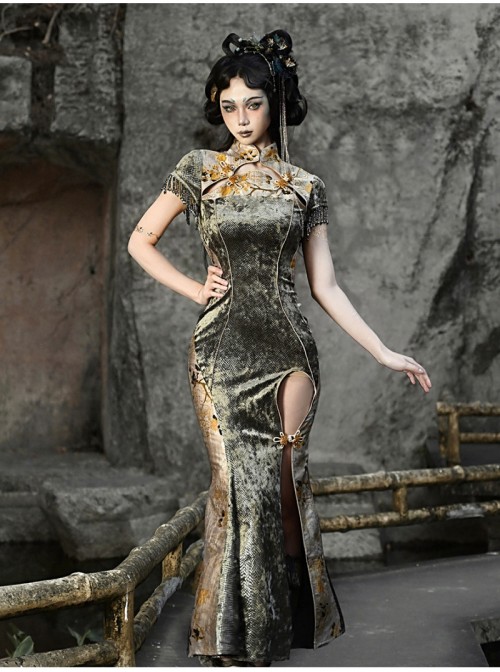 Spring Dragon Festival Series Chinese Style Gothic Punk Button Slim Snake Pattern Fishtail Long Slit Cheongsam Dress