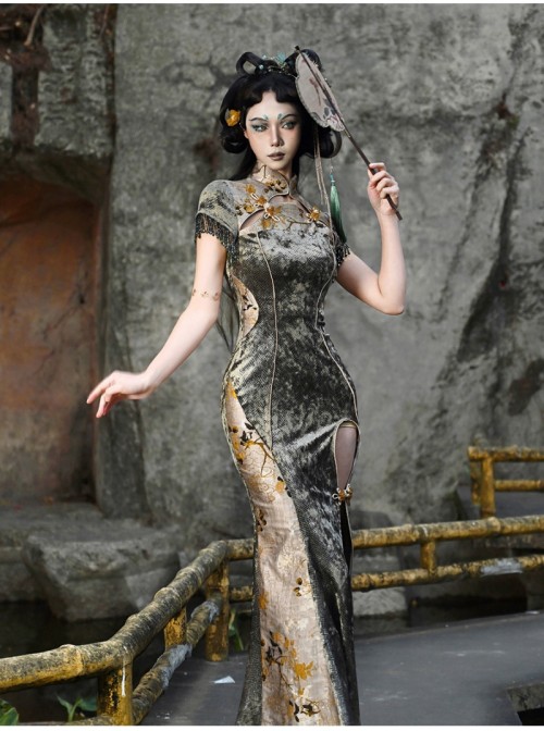 Spring Dragon Festival Series Chinese Style Gothic Punk Button Slim Snake Pattern Fishtail Long Slit Cheongsam Dress