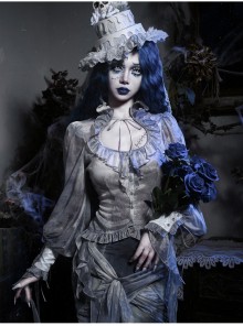 Zombie Bride Series Gothic Punk Gray Chiffon Tie Dyed European Style Ruff Collar Lantern Sleeves Shirt